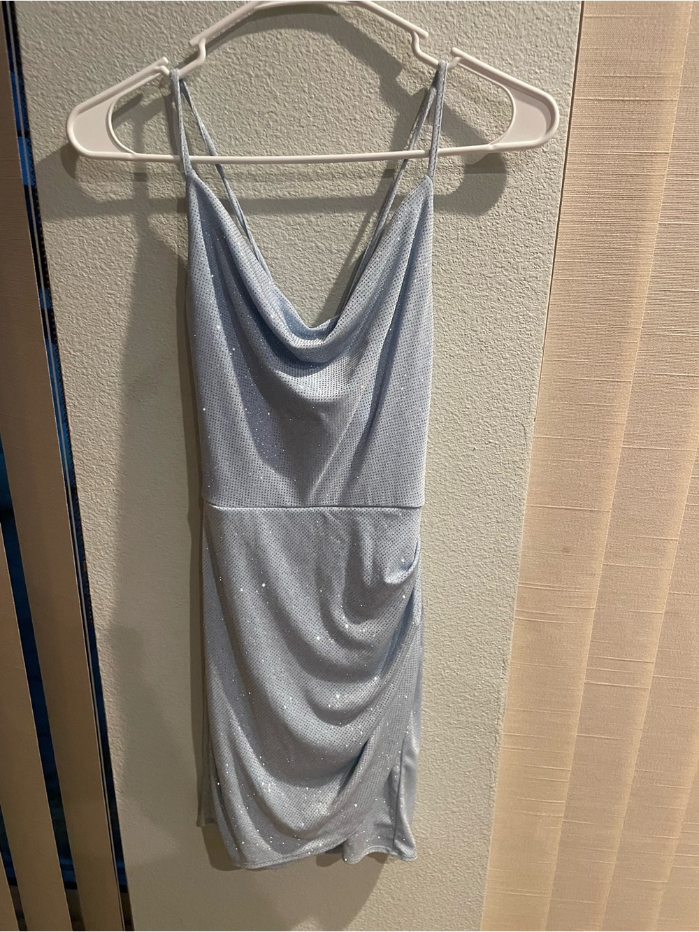 B Darlin Light Blue Sparkle Cowl Slip Dress